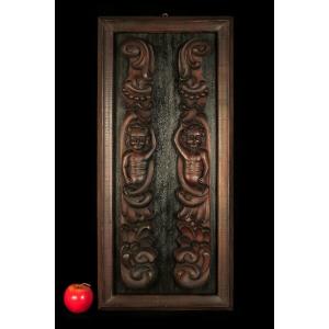 Old Decorative Panel Composed Of Two 18th Century Sculptures / Angel Angelot Putto Folk Art