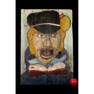 Astonishing Painted Wooden Panel, Folk Art Circa 1920 / Fairground Art Portrait Painting
