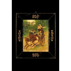 Amazing Oil Painting On Wood Panel, Circa 1900 / Woman And Dogs