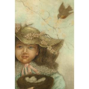 Amazing And Old Portrait Of A Young Girl, Pastel Circa 1900 
