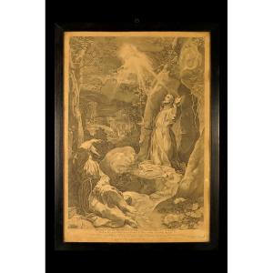 Antique 17th-century Engraving, Stigmatization Of Saint Francis Of Assisi / Religious Devotion