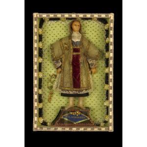 Antique Religious Diorama, Saint Lawrence Circa 1880 / Sculpture, Waxwork, Embroidery, Folk Art