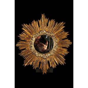 Antique Sunburst Mirror, Late 19th-century Religious Folk Art 