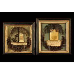 Set Of Two Antique Hair Frames, Funerary Keepsakes Circa 1880 / Cabinet Of Curiosities