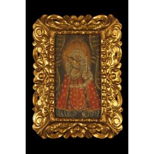 Antique Oil Painting On Canvas, Cuzco School Circa 1850 / Virgin And Child