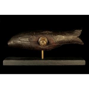 Antique Barrel Lock, Alsatian Folk Art Circa 1880 / Wooden Fish Sculpture