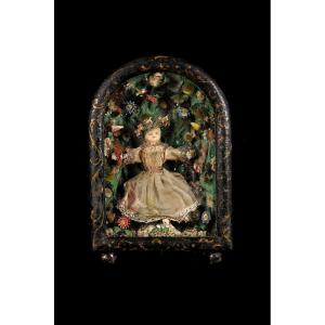 Antique Small Religious Diorama In Glass Case, Circa 1850 / Christ Wax Embroidery