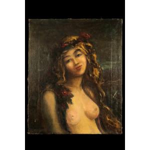 Old Oil Painting On Canvas, Circa 1900. Bust Portrait Of A Young Nude Woman.