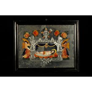 Old Painting Under Eglosmized Glass, Christ Lying Circa 1820