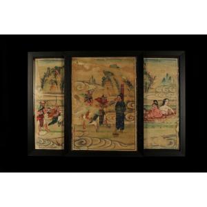 Lot Of Three Old And Curious Paintings On Silk, China Circa 1900