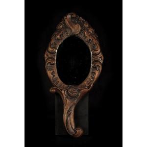 Old Hand Mirror, Oak Popular Art Sculpture Circa 1900