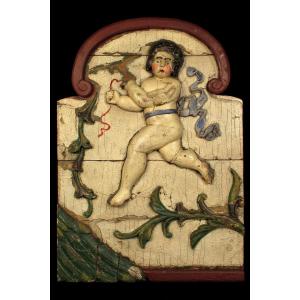 Old And Imposing Fragment Of Decorative Panel In Wood, Popular Fairground Art Around 1900.