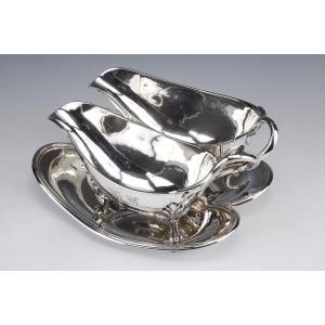 Goldsmith Odiot - Double Sauceboat On Tray In Sterling Silver Late Nineteenth