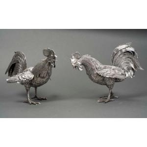 Goldsmith Eschwege Pair Of Solid Silver Fighting Cocks Circa 1950 