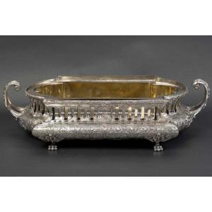 Goldsmith Merit - Rectangular Planter In Solid Silver With Side Handles, 19th Century