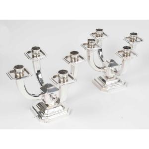 Ravinet d'Enfert – Pair Of Solid Silver Candelabra, Art Deco Period