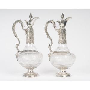 Armand Gross – Pair Of Crystal And Sterling Silver Ewers, Late 19th Century