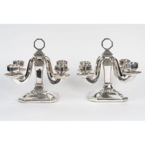 Pair Of Art Deco Solid Silver Candelabra By Leroy, Circa 1930