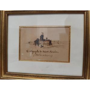French Romantic School Drawing 19th Century Telegraph Of Saint Malo Island Of Villaine