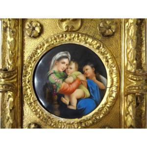 "the Madonna Della Seggiola" Painting On Ceramic 19th