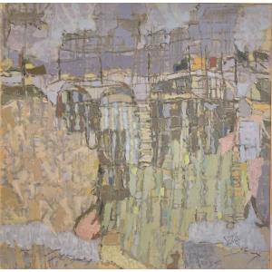 Large Painting, Oil On Canvas, Urban Landscape Of Paris In 1972 By Atelier Seigle