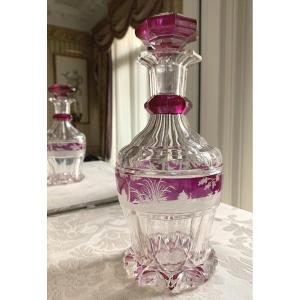 19th Century Bohemian Crystal Decanter Or Fuschsia Purple Overlay