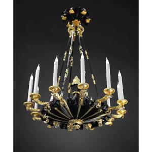 Empire Style Black And Gold Patinated Chiseled Bronze Chandelier By Maison Delisle