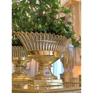 Large Openwork Porcelain Bowl / Planter With Pewter Basin – 19th Century