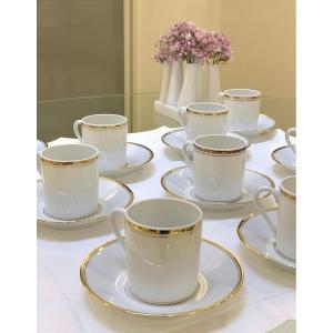 10 White Porcelain Coffee Cups With Saucers And Gold Trim - 20th Century