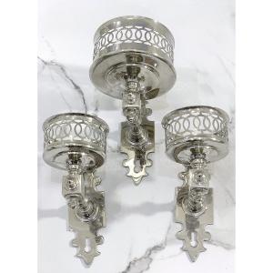 Bathroom Accessories, Shiny Nickel-plated Bronze And Aubergine-colored Glass - 19th Century