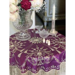 Purple Silk Taffeta Tablecloth With Silver Brocade - 19th Century