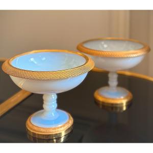 Pair Of Opaline Cups Mounted In Gilt Bronze - 19th Century