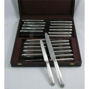 Series Of 24 Minerve Silver Knives, Excellent Condition, Bd Monogram, Box.