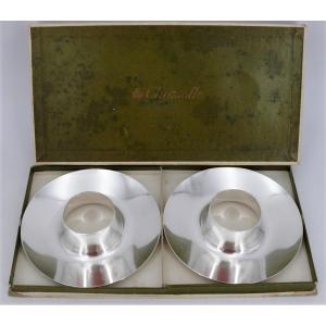 Christofle, Rare Pair Of Gemini Egg Cups, Silver Metal, Original Cardboard.