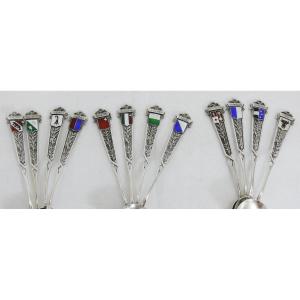 12 Teaspoons In Sterling Silver And Enamel, Openwork, Swiss Cantons, Excellent Condition.