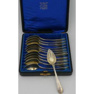 12 Tea, Coffee, Dessert Spoons In Old Sterling Silver, Vermeil, Straight Filet Model.