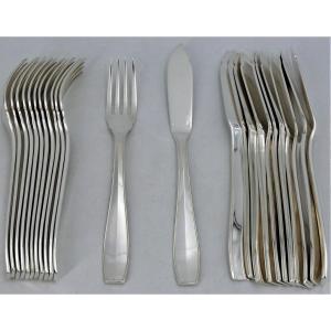 Christofle Model Atlas, 12 Fish Cutlery, 24 Pieces In Silver Metal, Excellent Condition.