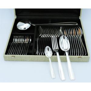 Boulenger Art Deco Model Suzy, Cutlery Set Of 37 Pieces In Excellent Condition, Silver Metal.