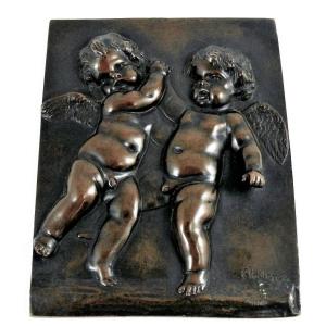 Bronze Relief Plaque Signed Clodion, Putti, Cherubim, Excellent Condition.