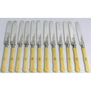 12 Fruit, Dessert, Dessert Knives, Engraved Silver Blades.