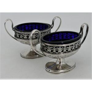 Pair Of 18th Century Solid Silver Salt Cellars,salt Cellars, Louis XVI, Original Blue Verrines.