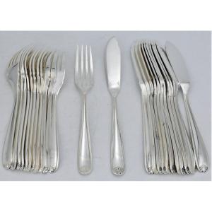 Christofle Marot Model, 12 Fish Cutlery, 24 Pieces, Excellent Condition, Silver Metal.