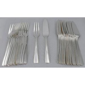 Ercuis Louviers Model, Art Deco, 12 Fish Cutlery, 24 Pieces In Silver Metal.