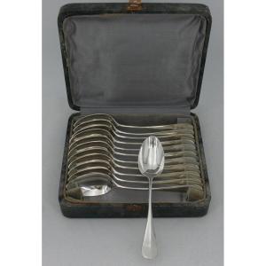 12 Tea/coffee/dessert Spoons, Sterling Silver Minerva, Medallion Baguette, Monogram Lh.