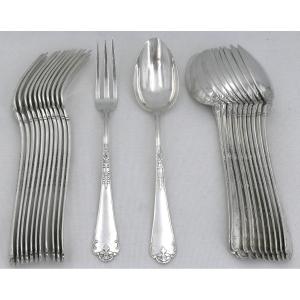 Puiforcat, Fer De Lance Model With Rat Tail, 12 Dessert/dessert Place Settings, Minerva Silver.