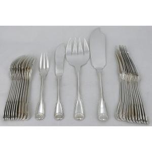 Ercuis Shell Model, 12 Fish Cutlery + Serving Cutlery, 26 Pieces, Silver Metal.