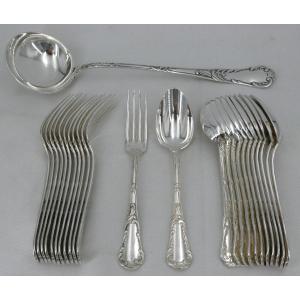 Christofle Chrysanthemum Model, 12 Table Cutlery + 1 Ladle, 25 Pieces, Silver Metal.