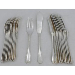 Christofle Malmaison Old Model, 12 Fish Cutlery, 24 Pieces In Silver Metal.