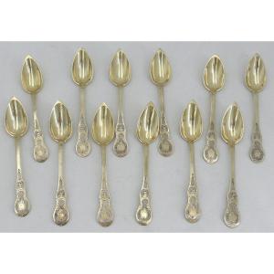 12 Tea, Coffee Spoons, Vermeil, Solid Silver Minerva, Napoleon III, 19th Century.