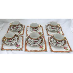 6 Cups And 5 Saucers In Limoges Porcelain, Solid Silver Rim Minerva, Tétard.